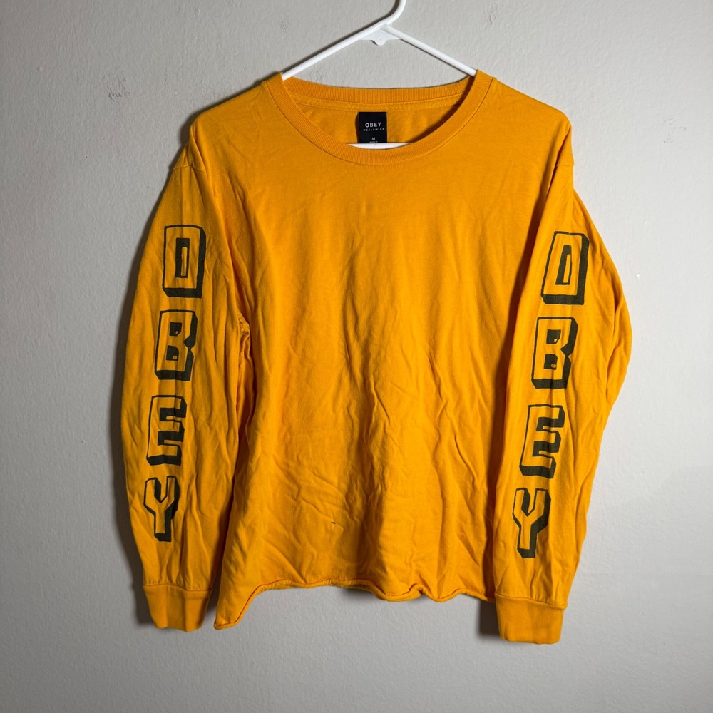 Obey Worldwide Mens Mustard Yellow Graphic‎ Long Sleeve T-Shirt Size M Raw Hem